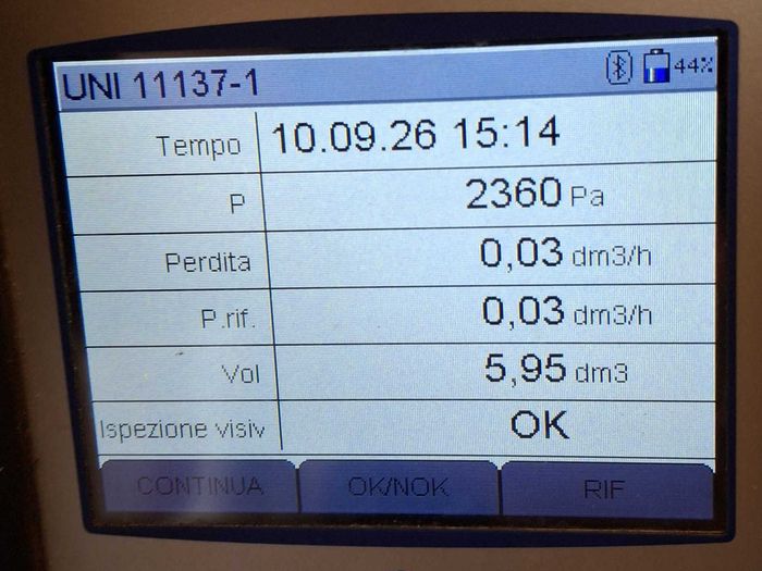 Strumento per la prova di tenuta gas secondo UNI 11137-1 con perdita 0,03 decimetri cubi ora