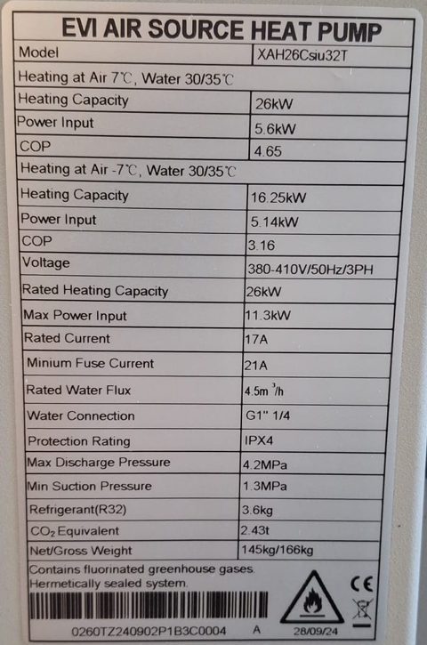 Targa dati della pompa di calore Zealux XAH26Csiu32T installata negli uffici SAEM