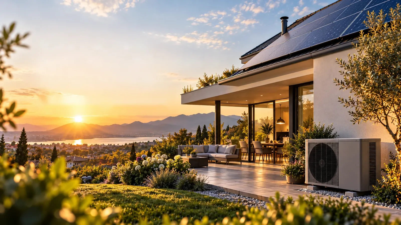 Casa con pannelli fotovoltaici sul tetto e pompa di calore in giardino, al tramonto